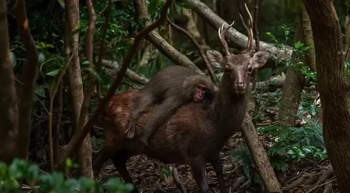 Macaco e Cervo Tem Interação Cultural Para Colher Frutos