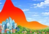 Esquema didático de ilha de calor e a influência benéfica de áreas verdes no conforto humano em áreas urbanas