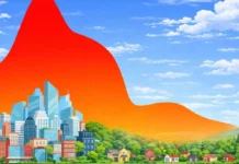 Esquema didático de ilha de calor e a influência benéfica de áreas verdes no conforto humano em áreas urbanas