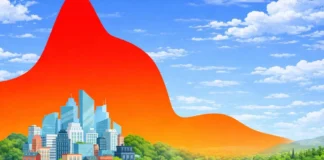 Esquema didático de ilha de calor e a influência benéfica de áreas verdes no conforto humano em áreas urbanas