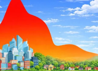 Esquema didático de ilha de calor e a influência benéfica de áreas verdes no conforto humano em áreas urbanas
