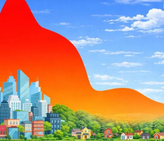 Esquema didático de ilha de calor e a influência benéfica de áreas verdes no conforto humano em áreas urbanas